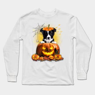 Border Collie Spooky Halloween Pumpkin Dog Head Long Sleeve T-Shirt